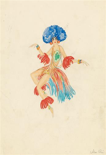 MAX RÉE. Group of 5 watercolor and ink drawings of costume designs for 1920s Broadway productions.